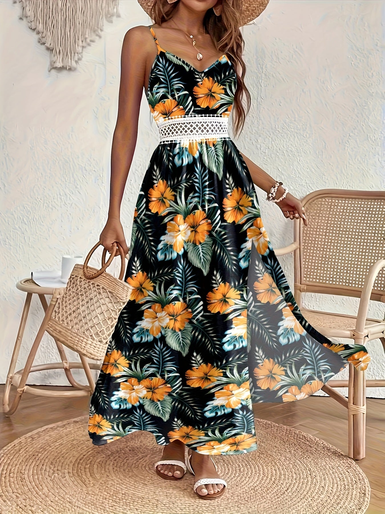 [Vestido longo floral] Vestido longo feminino sem mangas com estampa floral para primavera/verão - Decote em V, bainha alta e baixa, branco com flores vermelhas e verdes | Estilo casual elegante, traje de férias, vestido com estampa floral, textura