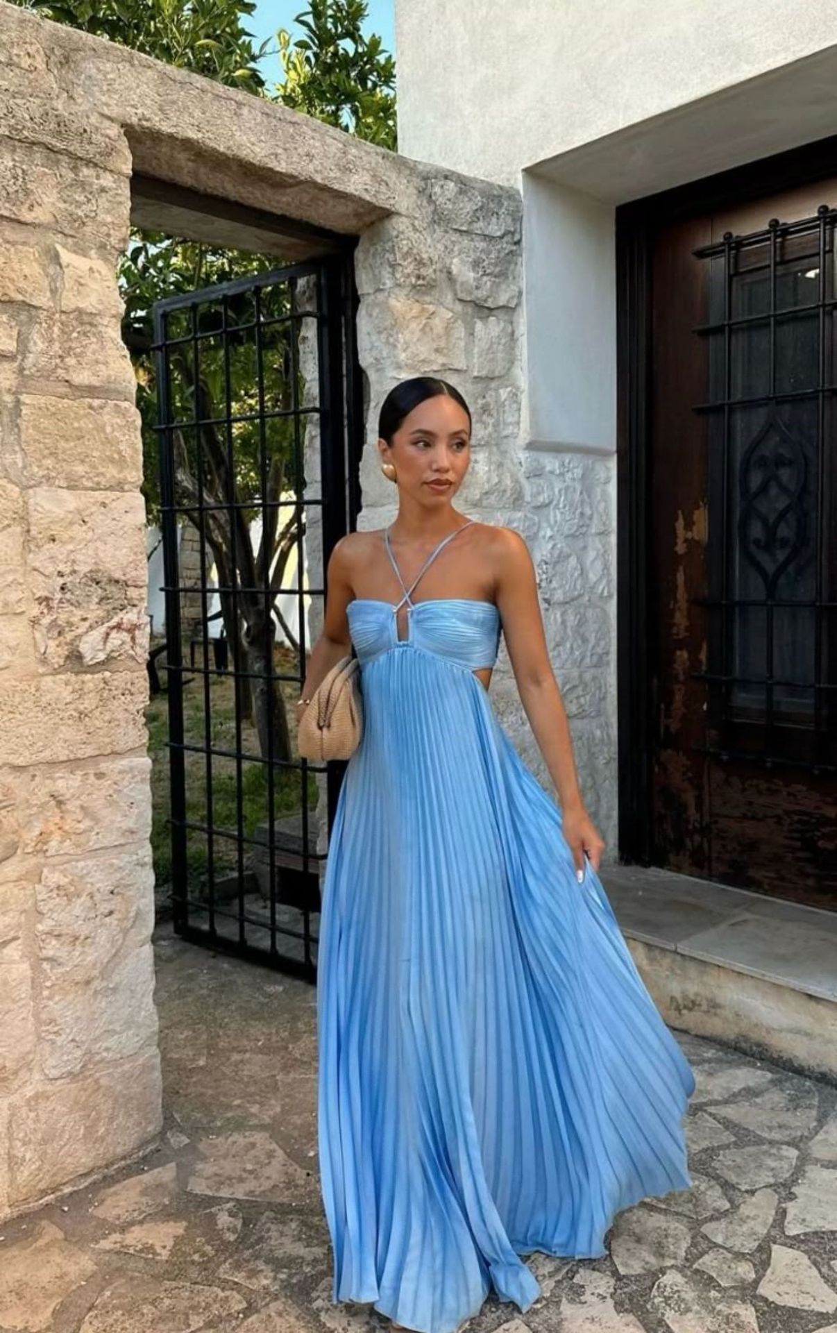 Ins Pleated Sleeveless Sling Dress Hollow High Waist Halter Robe Dresses For Evening Party Club Clothing Women.