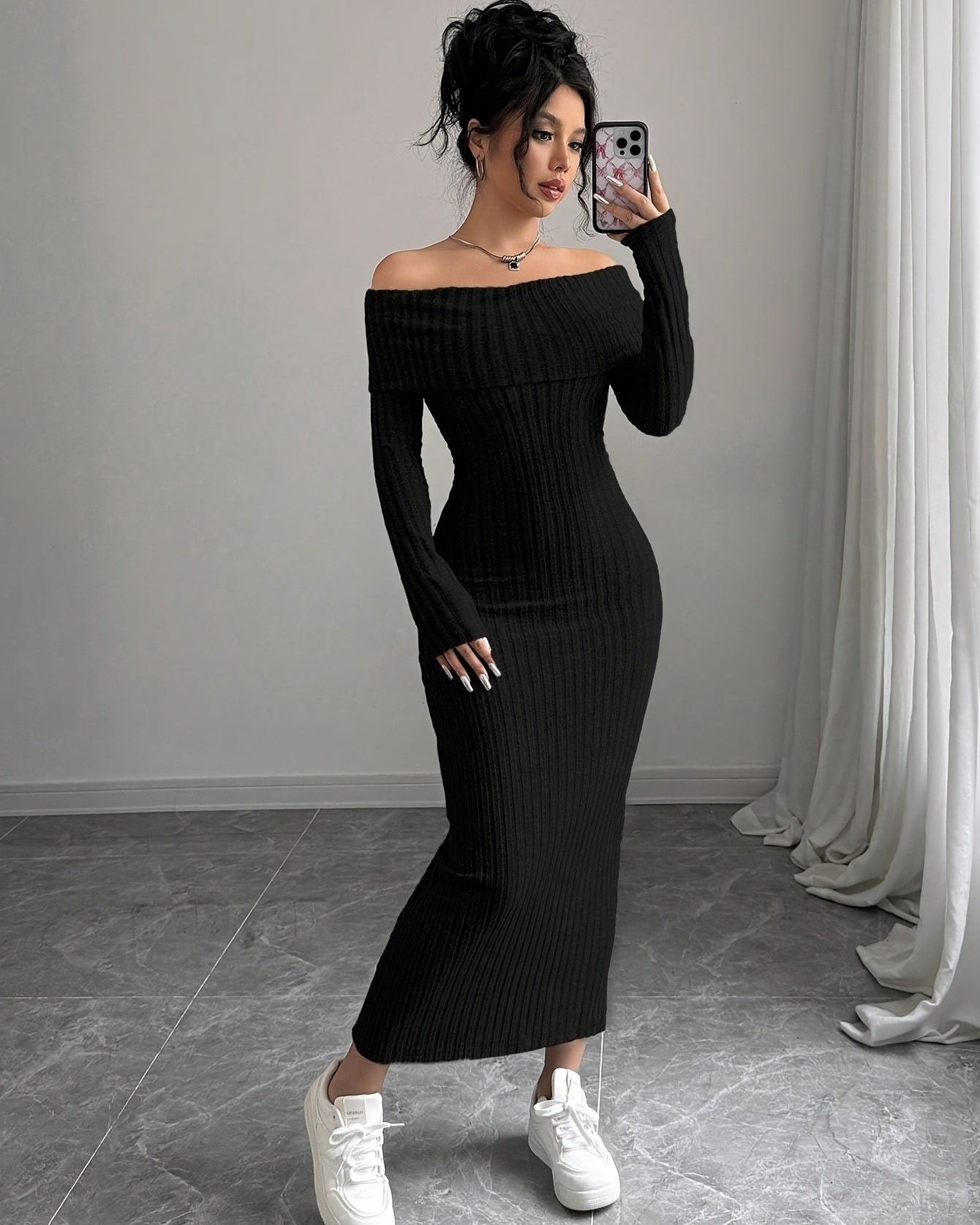 Elegant Off-Shoulder Long Sleeve Ribbed Dress