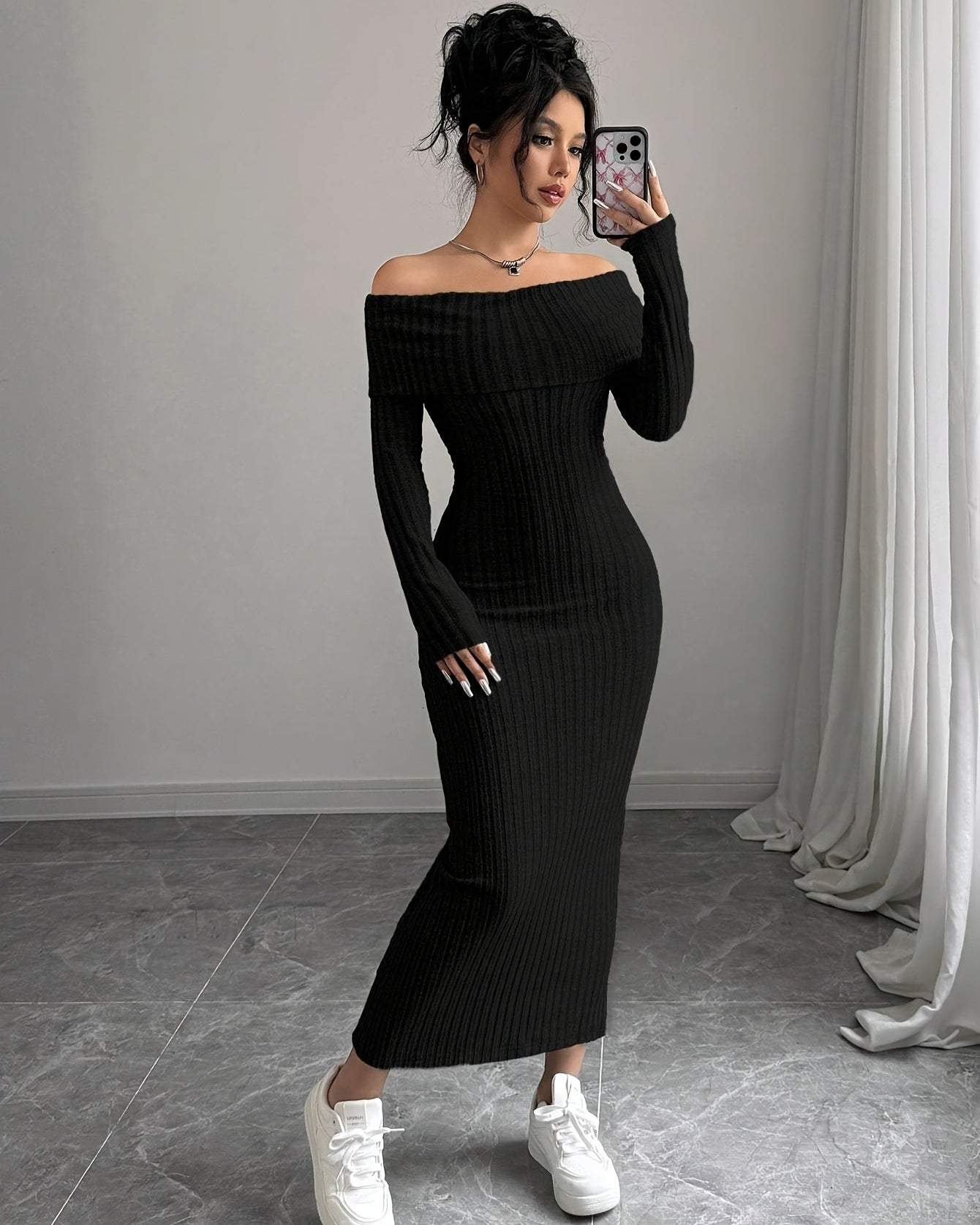 Elegant Off-Shoulder Long Sleeve Ribbed Dress