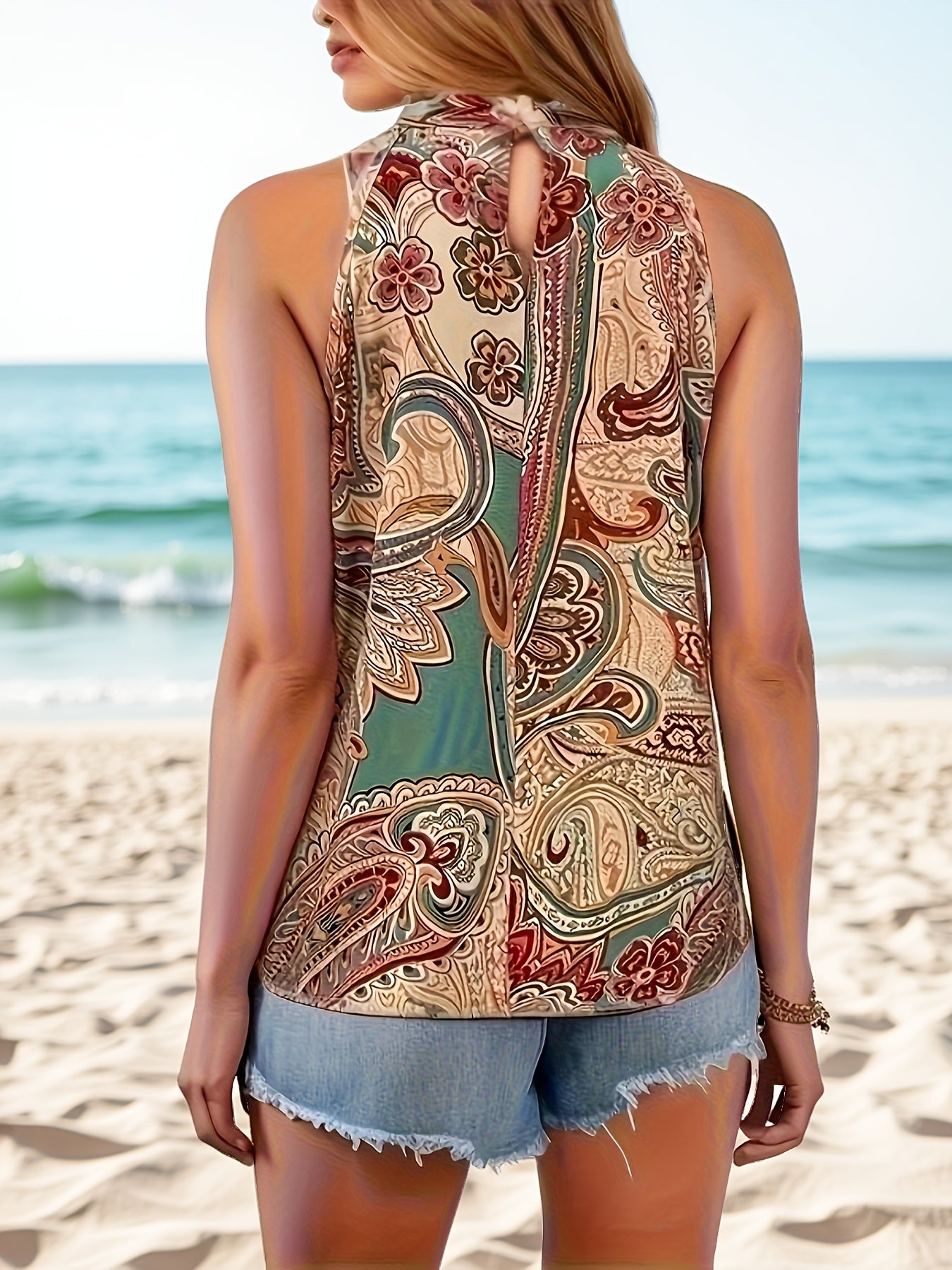 Women’s Vintage Sleeveless Tank Top – Light Brown Floral & Geometric Print Summer Top with Decorative Buttons | Casual Boho Style.