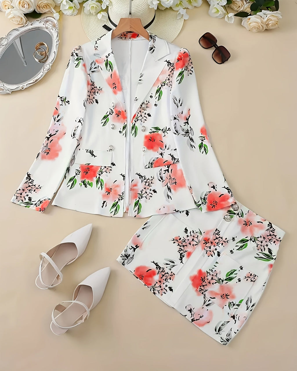 Elegant Floral Blazer and Skirt Set