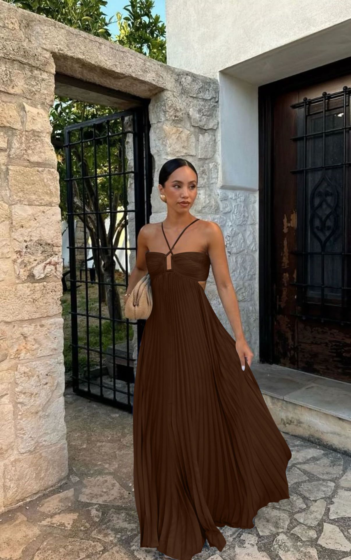 Ins Pleated Sleeveless Sling Dress Hollow High Waist Halter Robe Dresses For Evening Party Club Clothing Women.