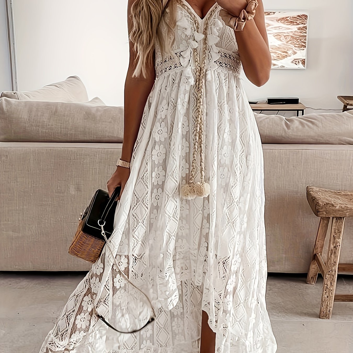 Elegant Geometric V-Neck Maxi Dress with Lace Detail – Flowy Polyester Summer Dress for Women.