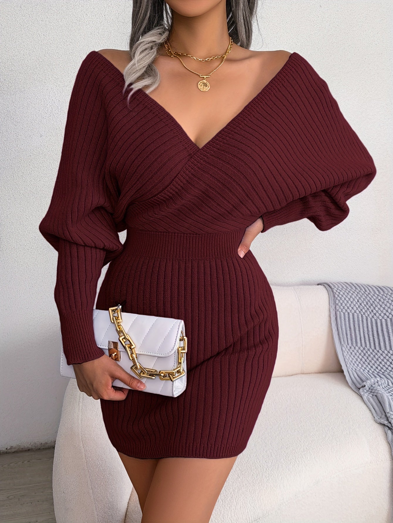 Sexy Cross V-Neck Knitted Bodycon Dress