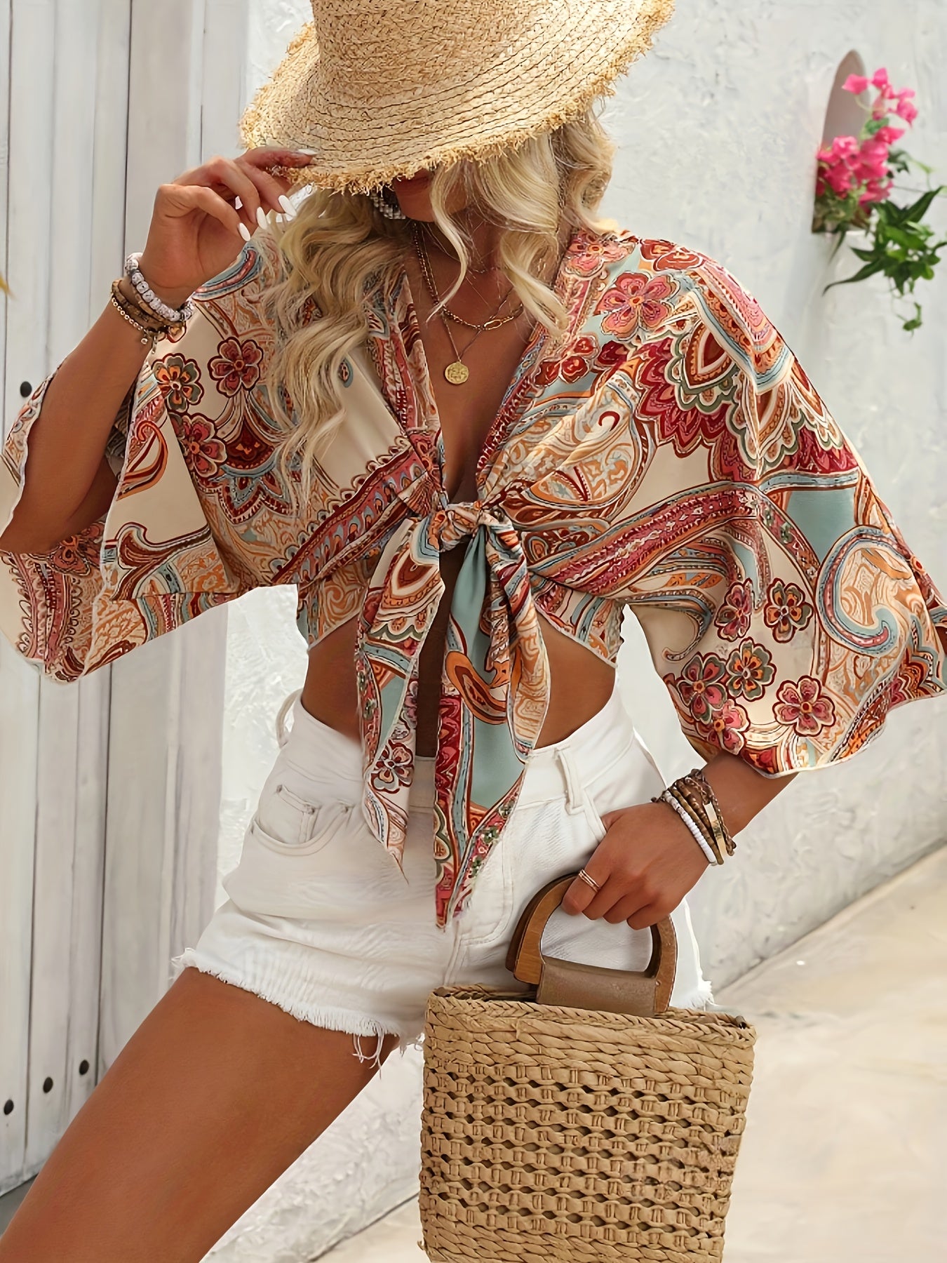 Paisley Print Knot Front Blouse, Boho Bell Sleeve Crop Blouse For Spring & Summer, Women's Clothing.