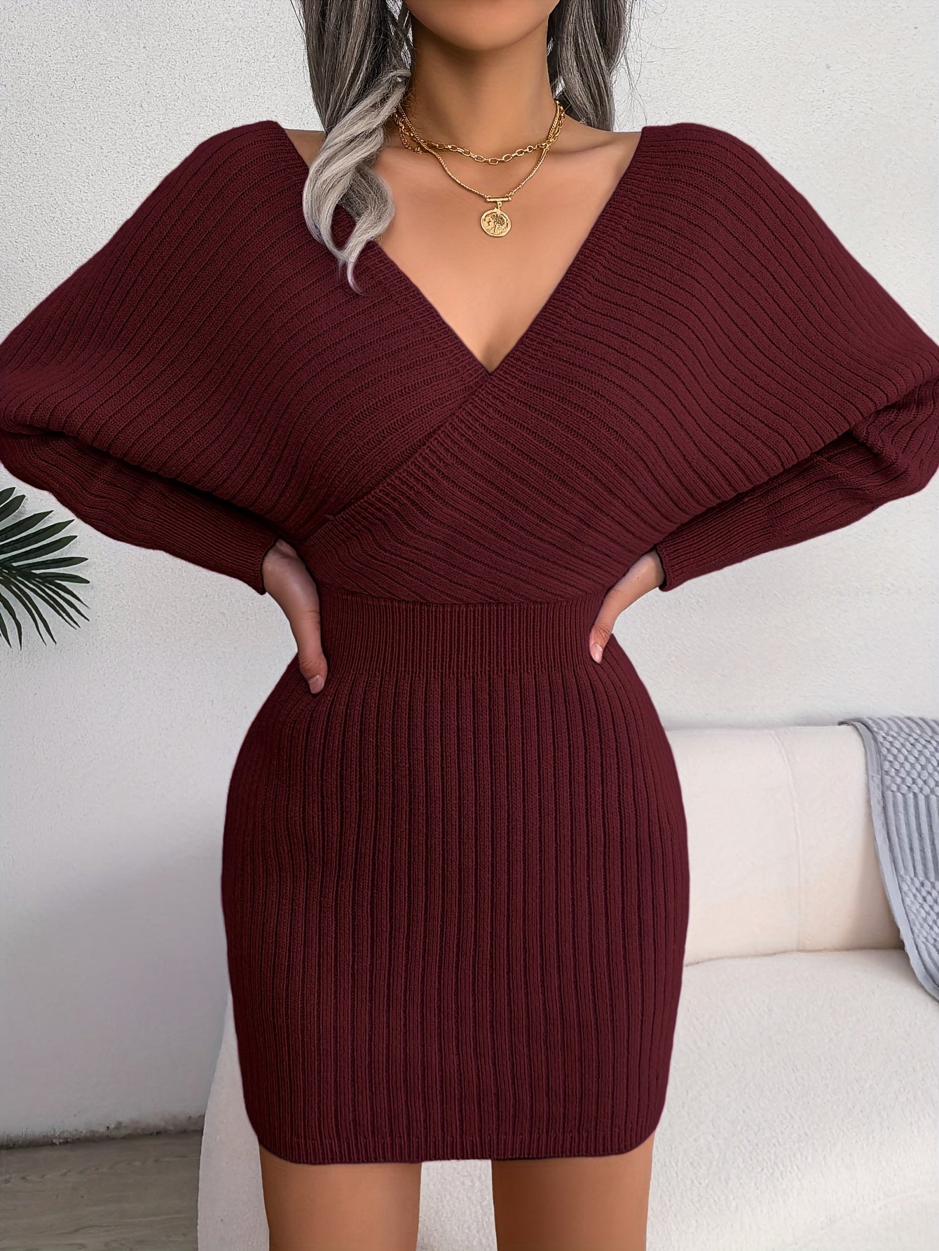 Sexy Cross V-Neck Knitted Bodycon Dress