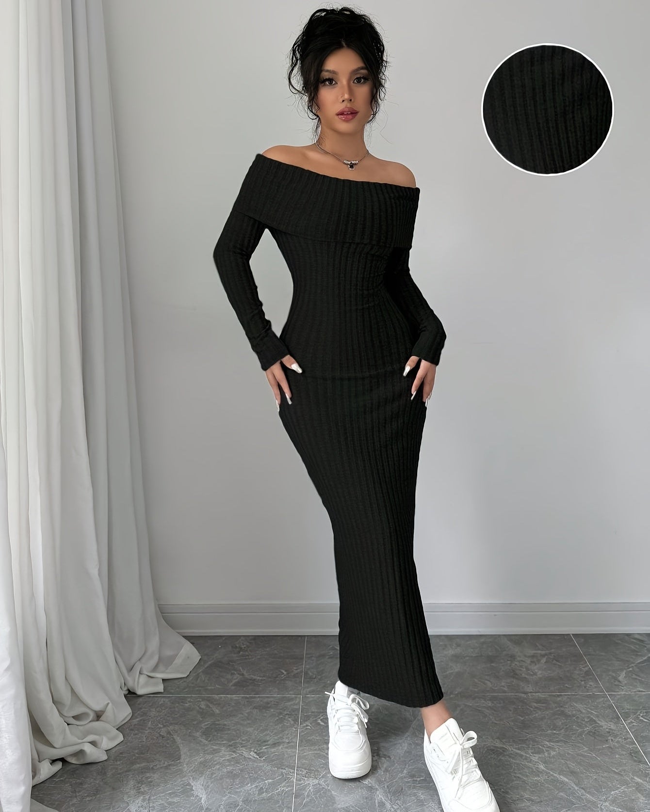 Elegant Off-Shoulder Long Sleeve Ribbed Dress