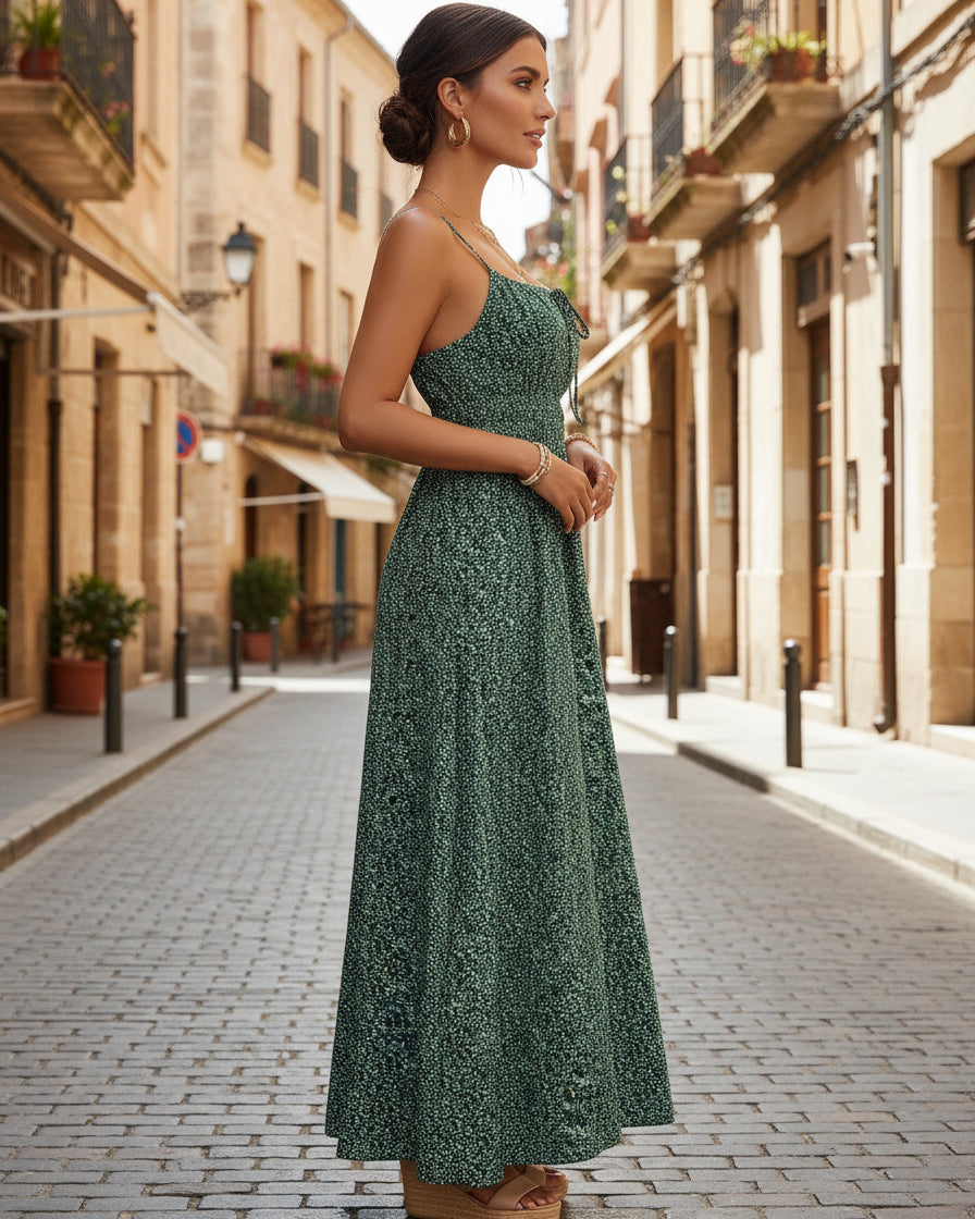 [Summer Floral Dress] Lightweight Polyester Women's Sleeveless Floral Print Maxi Dress | Adjustable Thin Straps, Ruffle Hem & Side Slit | Relaxed Fit Dress for Casual or Vacation Wear.