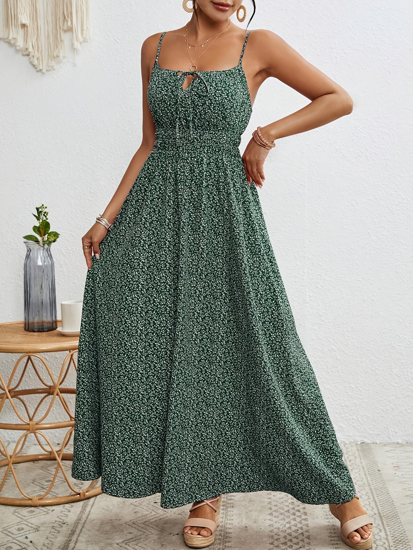 [Summer Floral Dress] Lightweight Polyester Women's Sleeveless Floral Print Maxi Dress | Adjustable Thin Straps, Ruffle Hem & Side Slit | Relaxed Fit Dress for Casual or Vacation Wear.