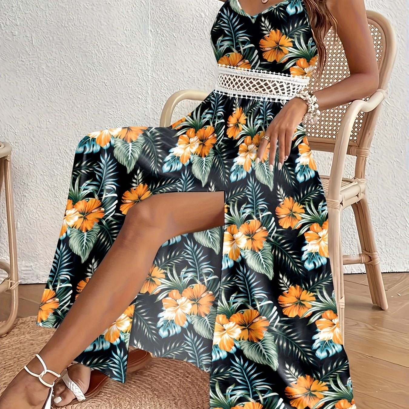 Women’s Floral V-Neck Maxi Dress – Sleeveless High-Low Hem Summer Dress in White with Red & Green Flowers | Casual Elegant Vacation Outfit.