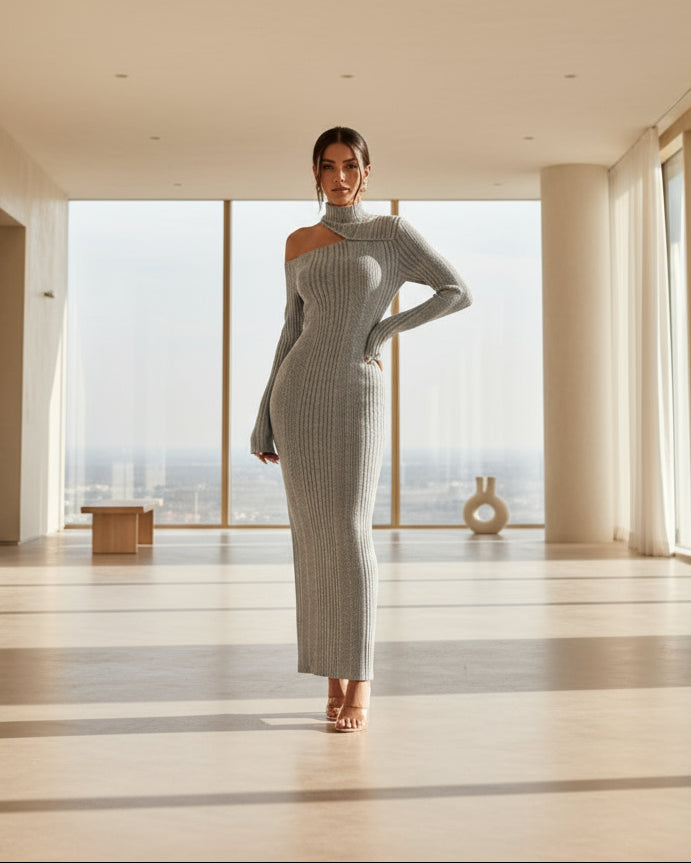 Ribbed Cutout Mock Neck Maxi Dress