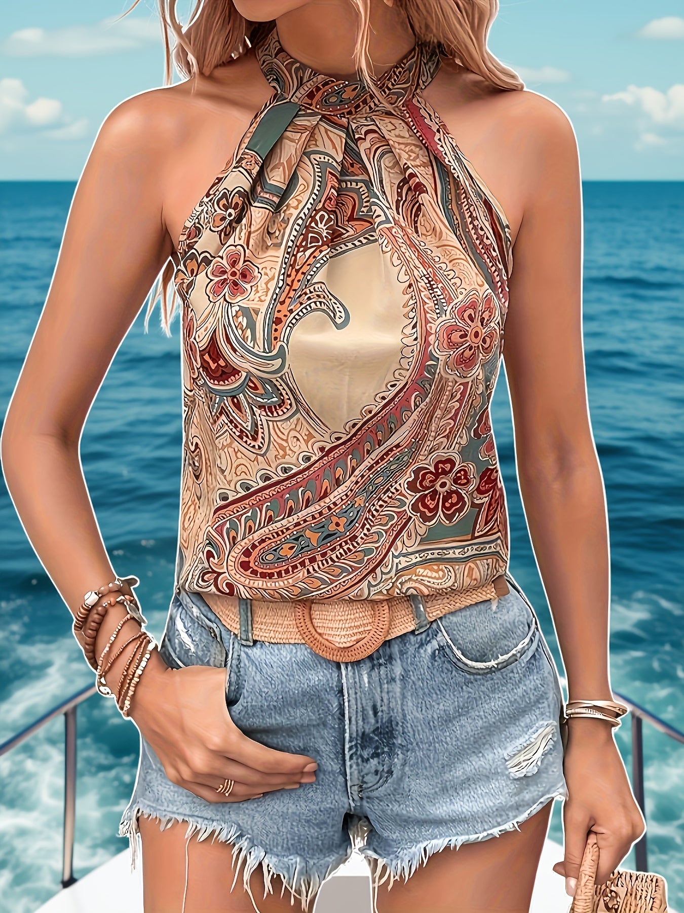 Women’s Vintage Sleeveless Tank Top – Light Brown Floral & Geometric Print Summer Top with Decorative Buttons | Casual Boho Style.