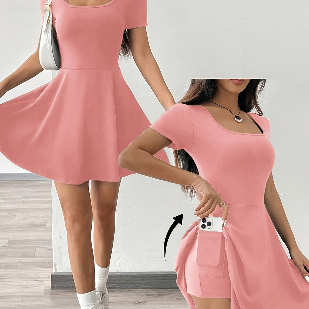 [Pink Short Sleeve Dress] Casual Comfort Fit Women's Pink Short Sleeve Dress | Perfect for Home & Fitness, Summer Style.