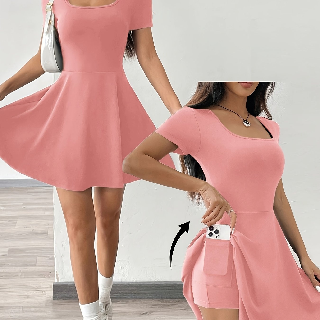 [Pink Short Sleeve Dress] Casual Comfort Fit Women's Pink Short Sleeve Dress | Perfect for Home & Fitness, Summer Style.