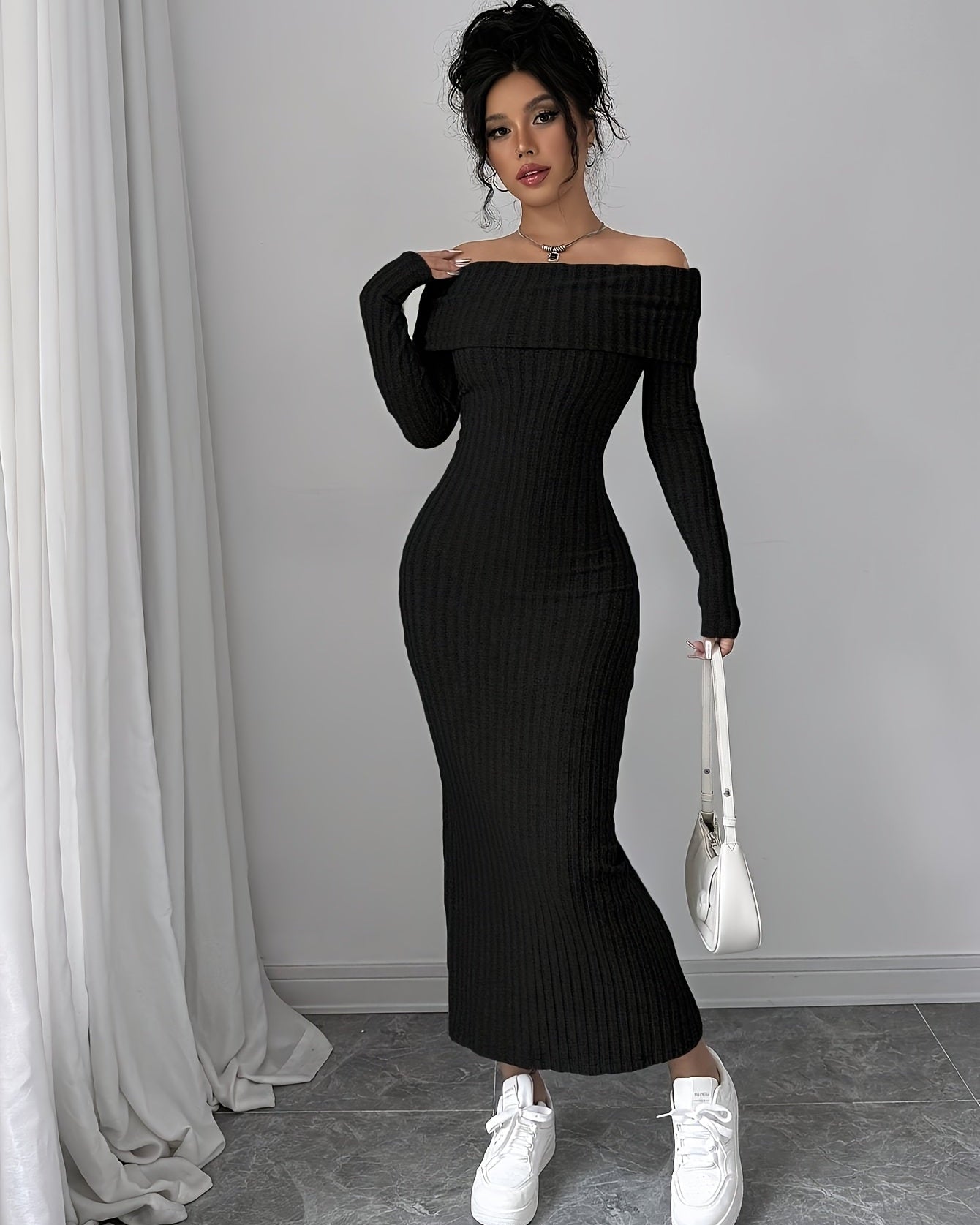 Elegant Off-Shoulder Long Sleeve Ribbed Dress
