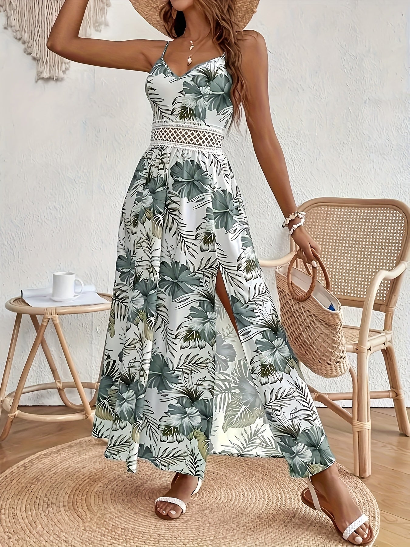 Women’s Floral V-Neck Maxi Dress – Sleeveless High-Low Hem Summer Dress in White with Red & Green Flowers | Casual Elegant Vacation Outfit.