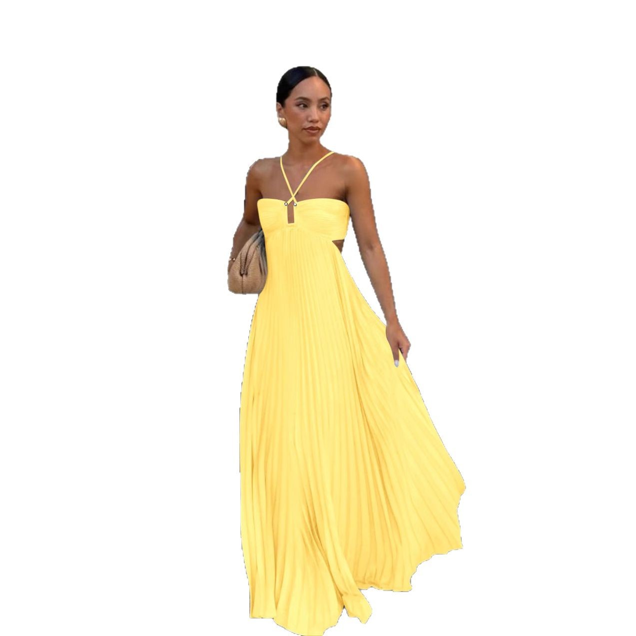 Ins Pleated Sleeveless Sling Dress Hollow High Waist Halter Robe Dresses For Evening Party Club Clothing Women.