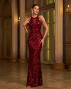 Elegant Sleeveless Round Neck Sequins Slim Sheath Banquet Fishtail Dress.
