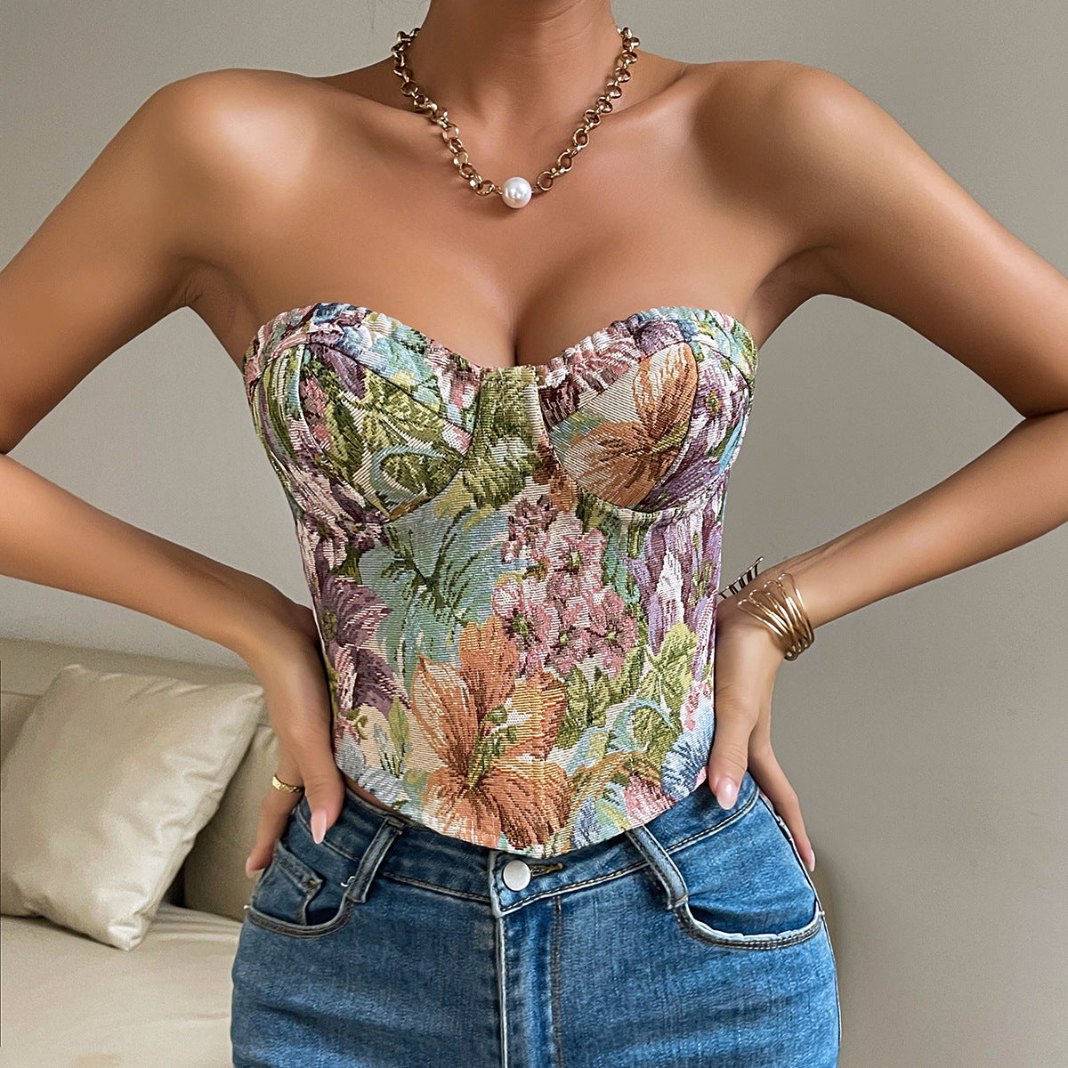 Floral Print Tube Vest Top With Back-tied Design INS Fashion Crop Corset Tank For Women Clothing.