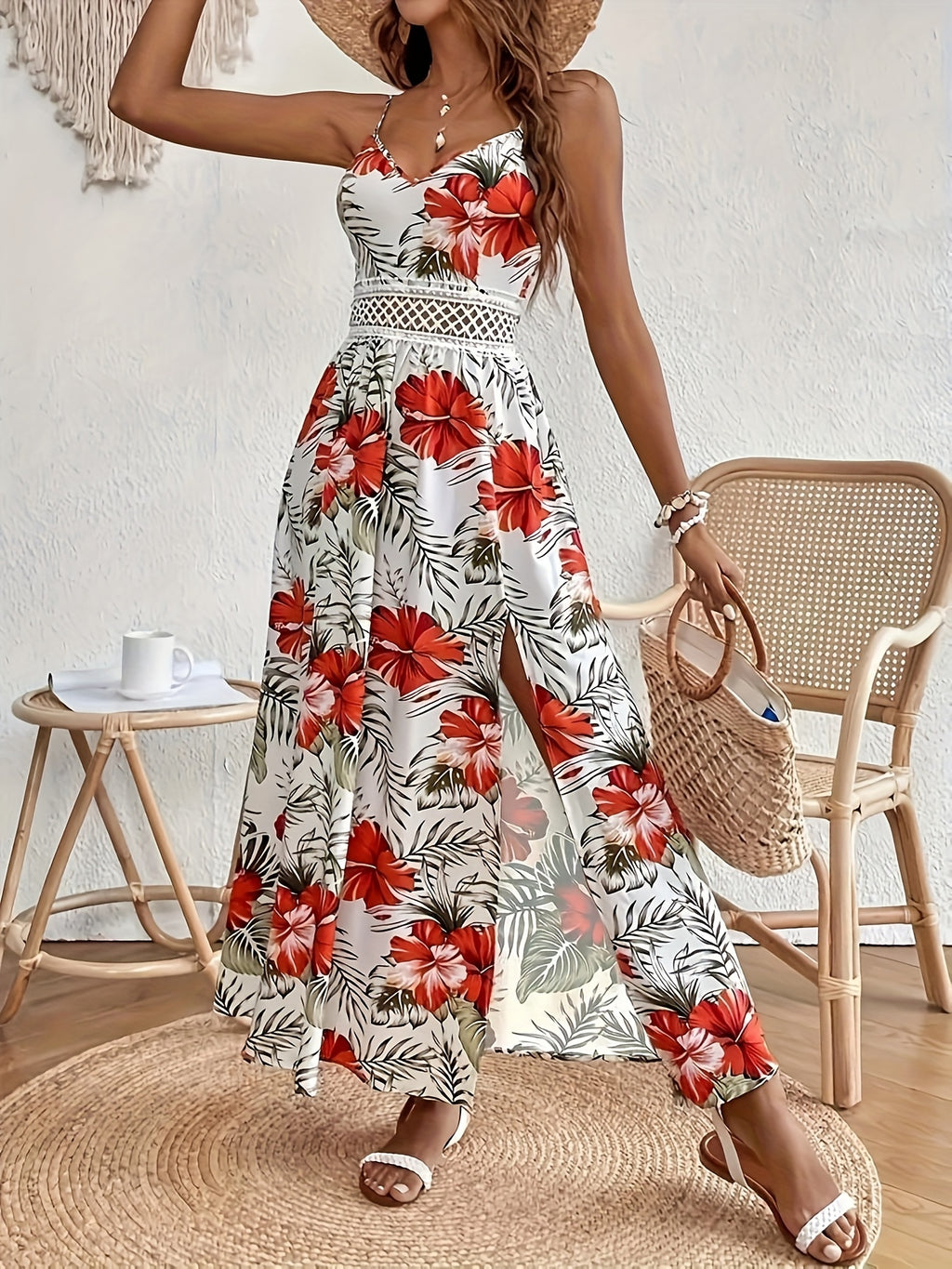 [Vestido longo floral] Vestido longo feminino sem mangas com estampa floral para primavera/verão - Decote em V, bainha alta e baixa, branco com flores vermelhas e verdes | Estilo casual elegante, traje de férias, vestido com estampa floral, textura