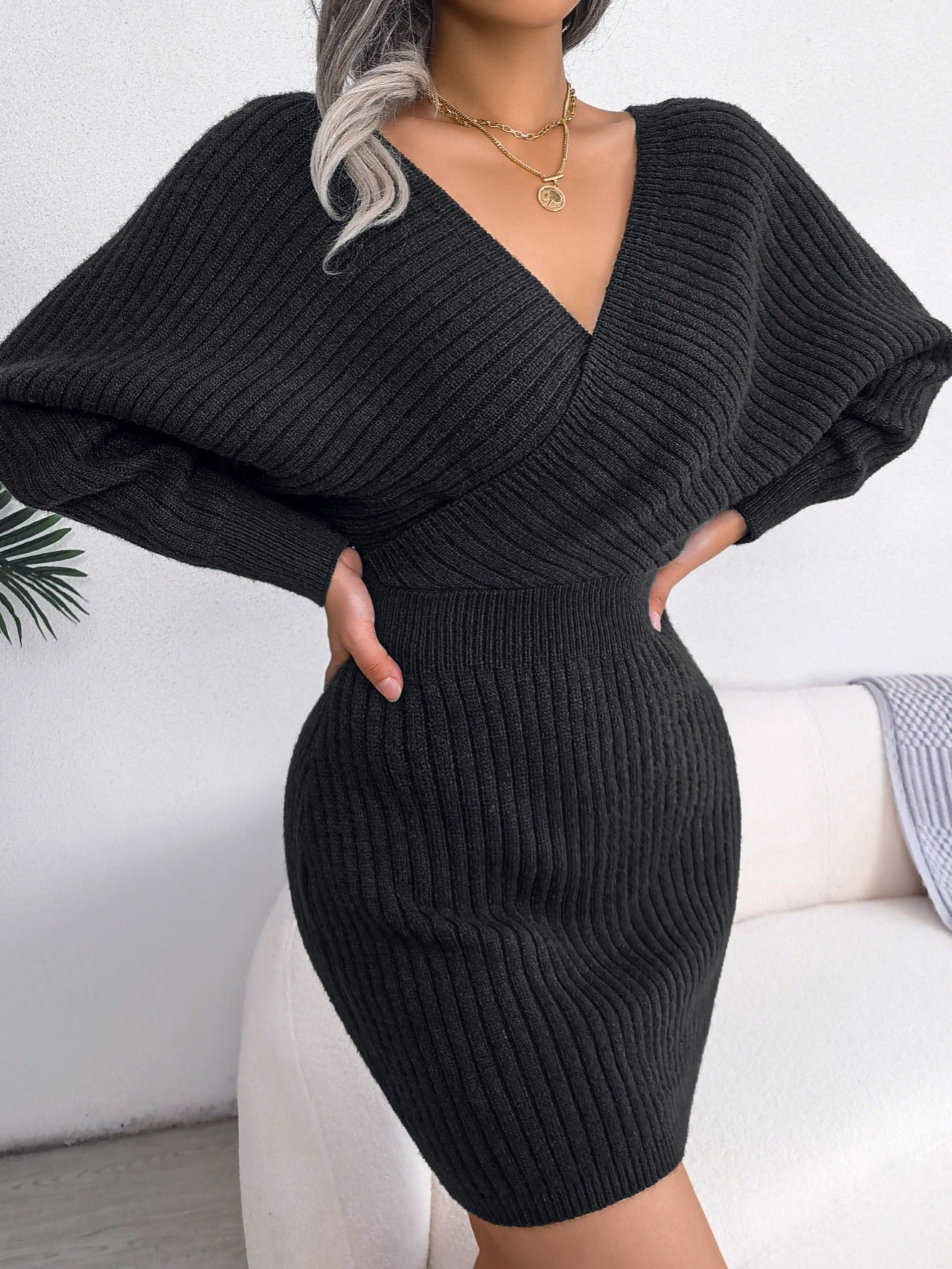 Sexy Cross V-Neck Knitted Bodycon Dress