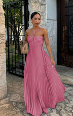 Ins Pleated Sleeveless Sling Dress Hollow High Waist Halter Robe Dresses For Evening Party Club Clothing Women.